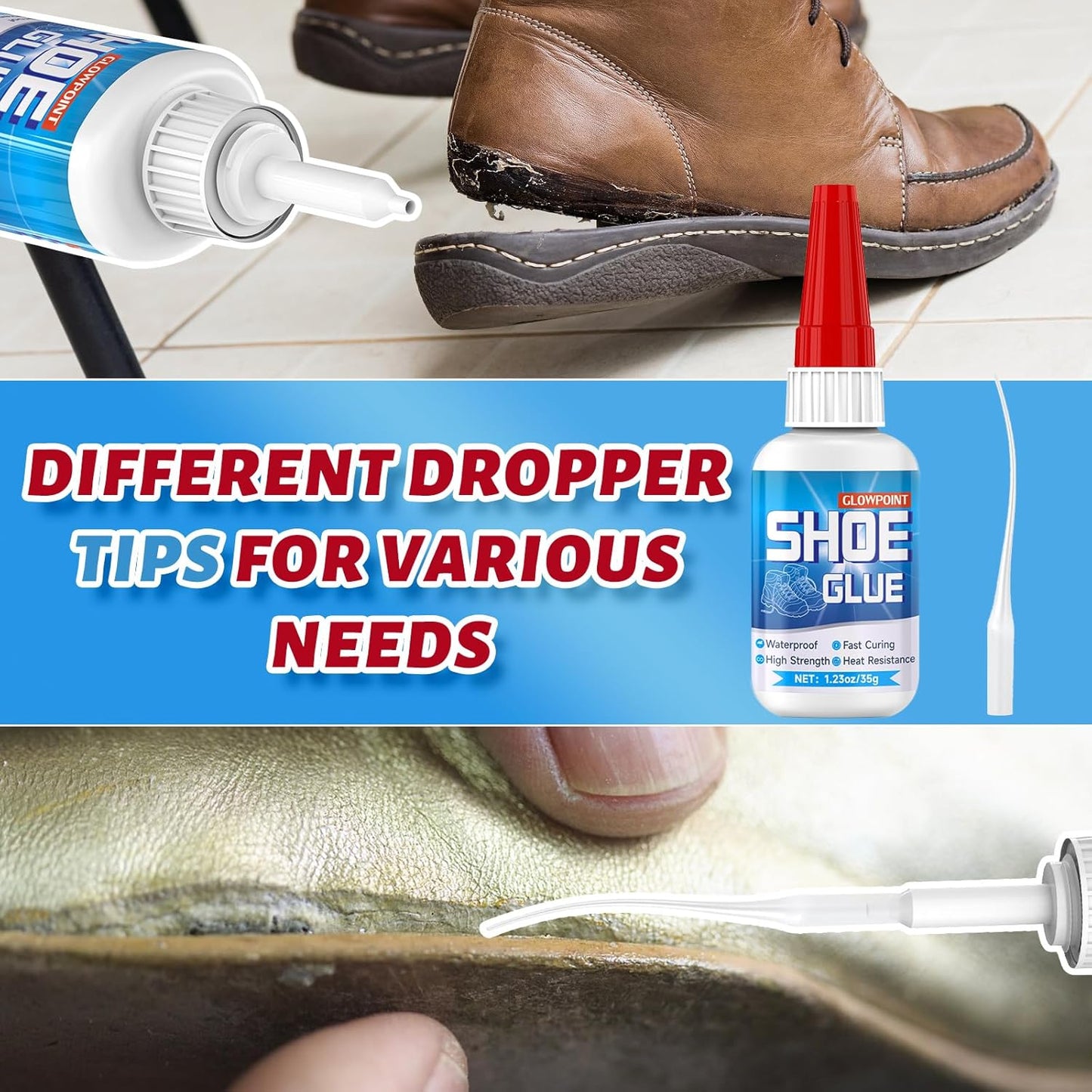 35g Shoe Glue, Instant Shoe Glue Sole Repair, Clear Strong Adhesive for Sneakers, Boots, Leather, Heels and More, with Sanding Stick, Elastic Bands & Precision Droppers, Waterproof - 1 Pack