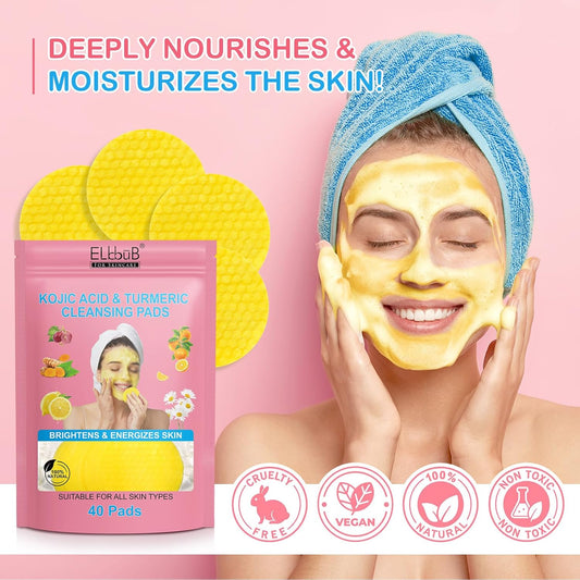 Turmeric Kojic Acid Cleansing Pads - Brightening & Energizing Skin | Deep Clean Pores, Remove Excess Keratin, Firming Face, Treat Acne Scars & Dark Spots | Suitable for All Skin Types