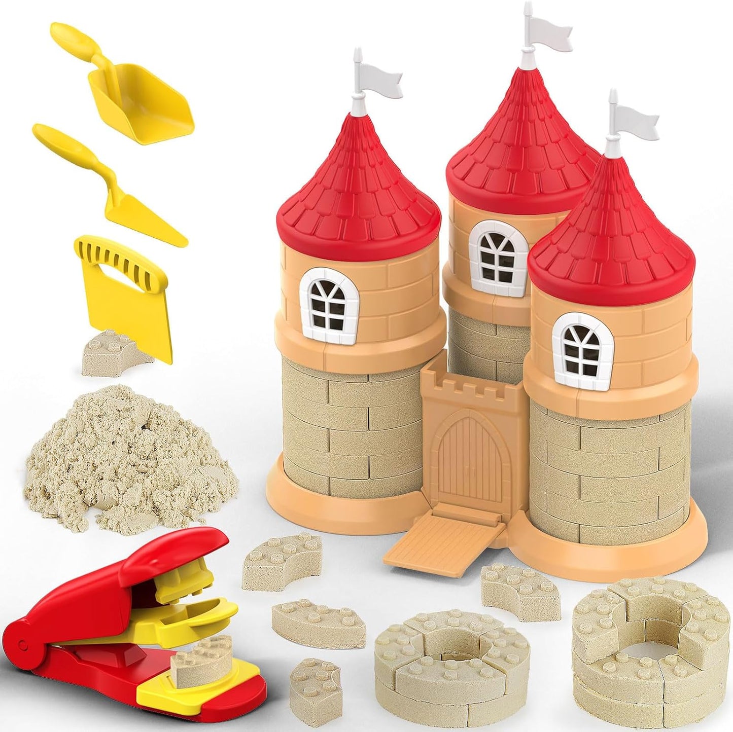 Play Sand Set, 1.7 lbs Moldable Sensory Sand, Building Molds, Brick Press and 3 Tools, Sensory Building Toys Birthday Gifts for Kids Boys and Girls Age 3+