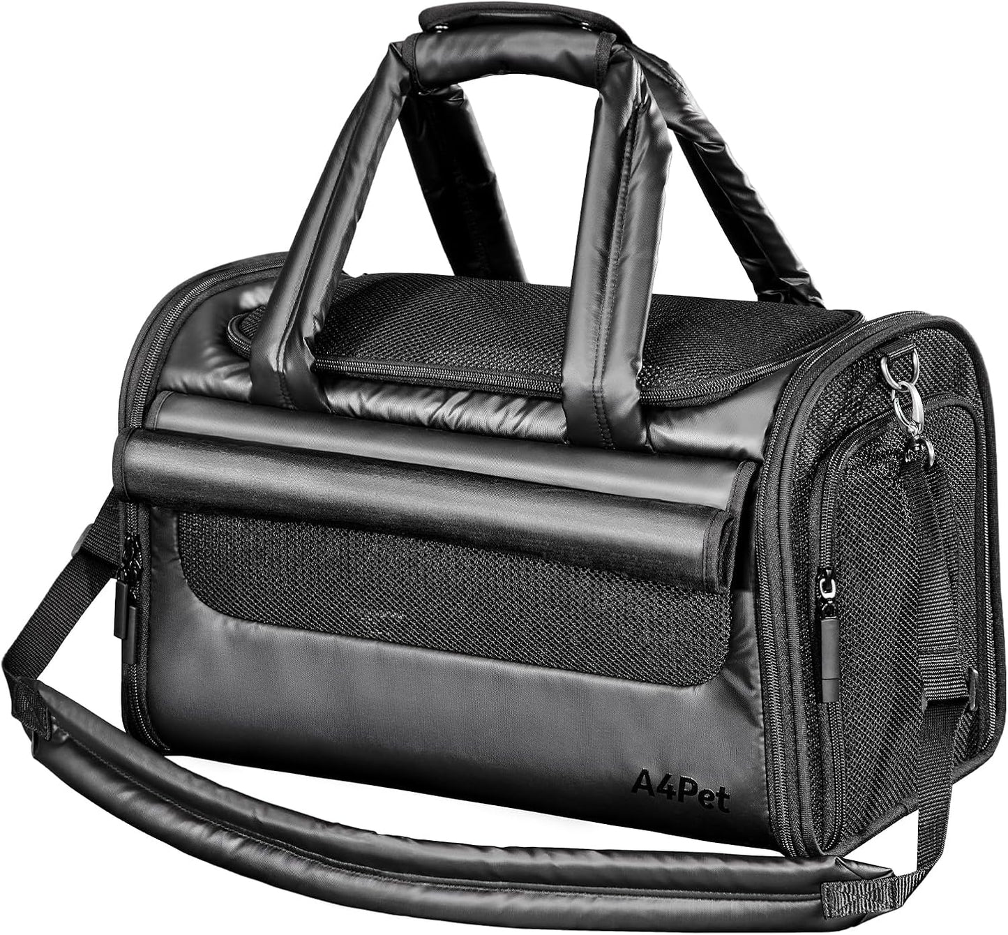 Luxury Pet Carrier, Puppy Small Dog Carrier Airline Approved, Cat Carrier Bag with Safety Buckles,Lightweight Waterproof Leather Handbag for Cabin Travel Shopping，Black