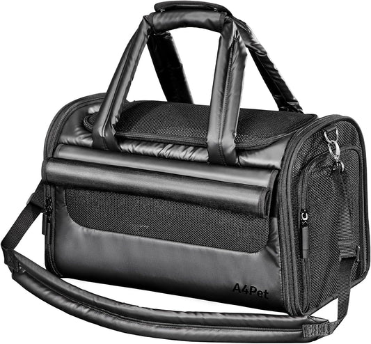 Luxury Pet Carrier, Puppy Small Dog Carrier Airline Approved, Cat Carrier Bag with Safety Buckles,Lightweight Waterproof Leather Handbag for Cabin Travel Shopping，Black