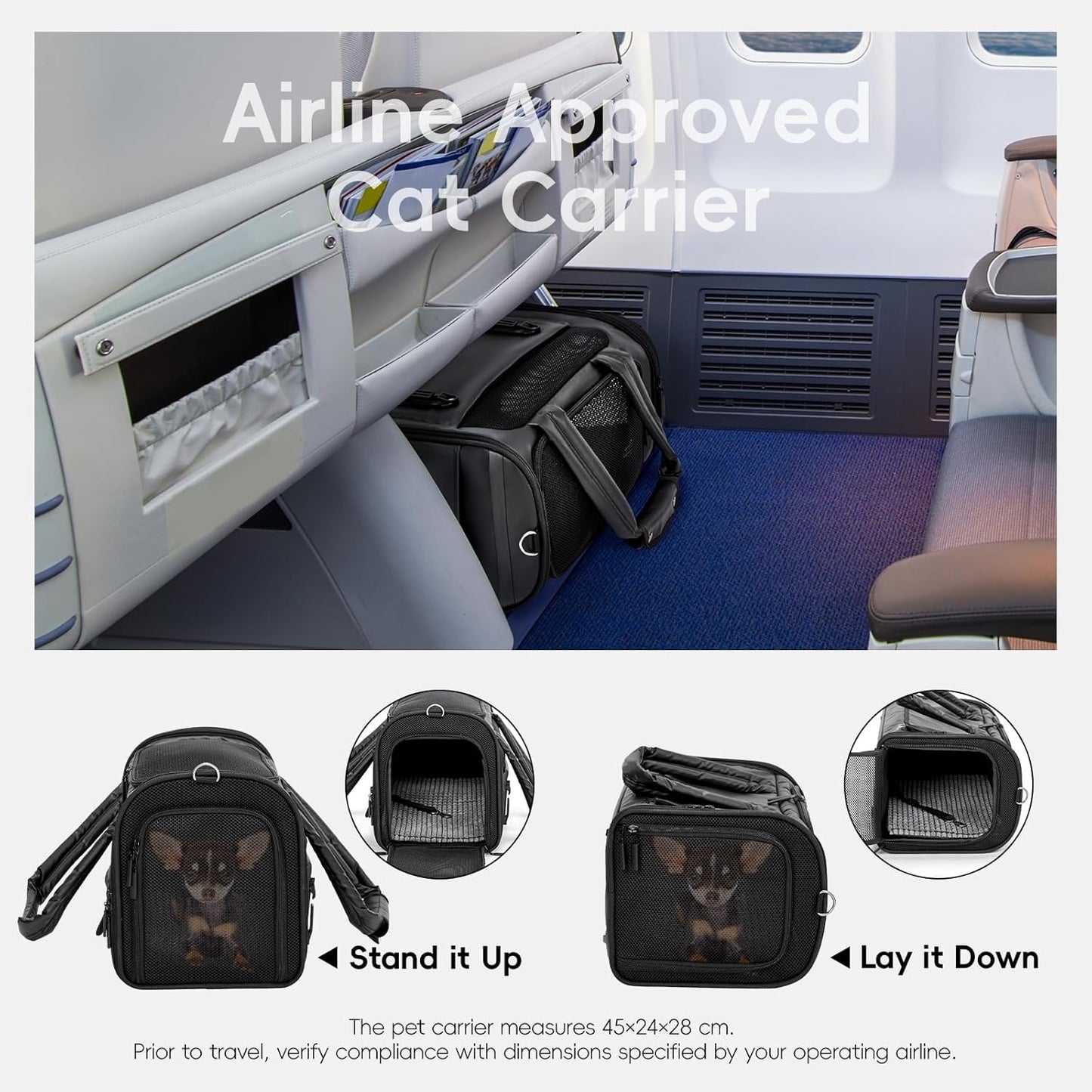 Luxury Pet Carrier, Puppy Small Dog Carrier Airline Approved, Cat Carrier Bag with Safety Buckles,Lightweight Waterproof Leather Handbag for Cabin Travel Shopping，Black
