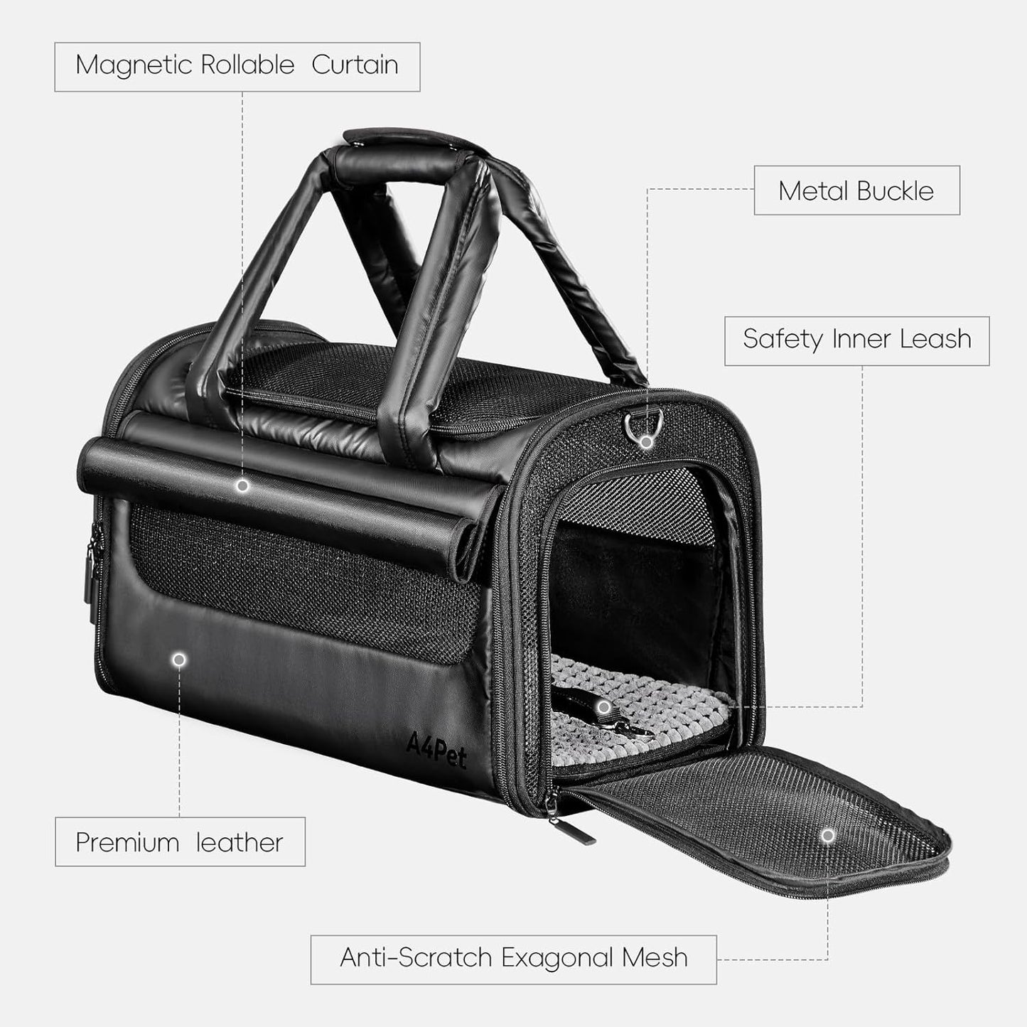 Luxury Pet Carrier, Puppy Small Dog Carrier Airline Approved, Cat Carrier Bag with Safety Buckles,Lightweight Waterproof Leather Handbag for Cabin Travel Shopping，Black