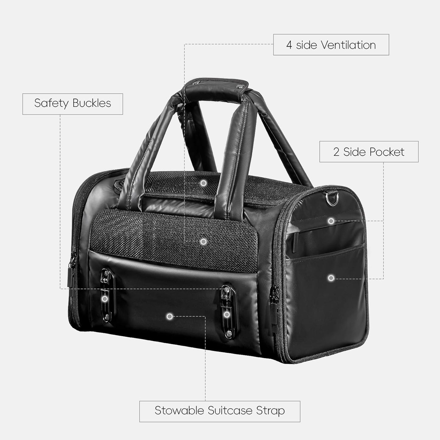 Luxury Pet Carrier, Puppy Small Dog Carrier Airline Approved, Cat Carrier Bag with Safety Buckles,Lightweight Waterproof Leather Handbag for Cabin Travel Shopping，Black