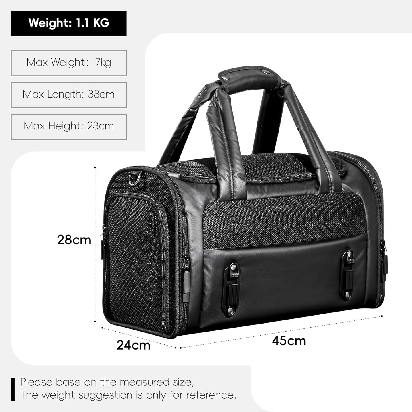 Luxury Pet Carrier, Puppy Small Dog Carrier Airline Approved, Cat Carrier Bag with Safety Buckles,Lightweight Waterproof Leather Handbag for Cabin Travel Shopping，Black