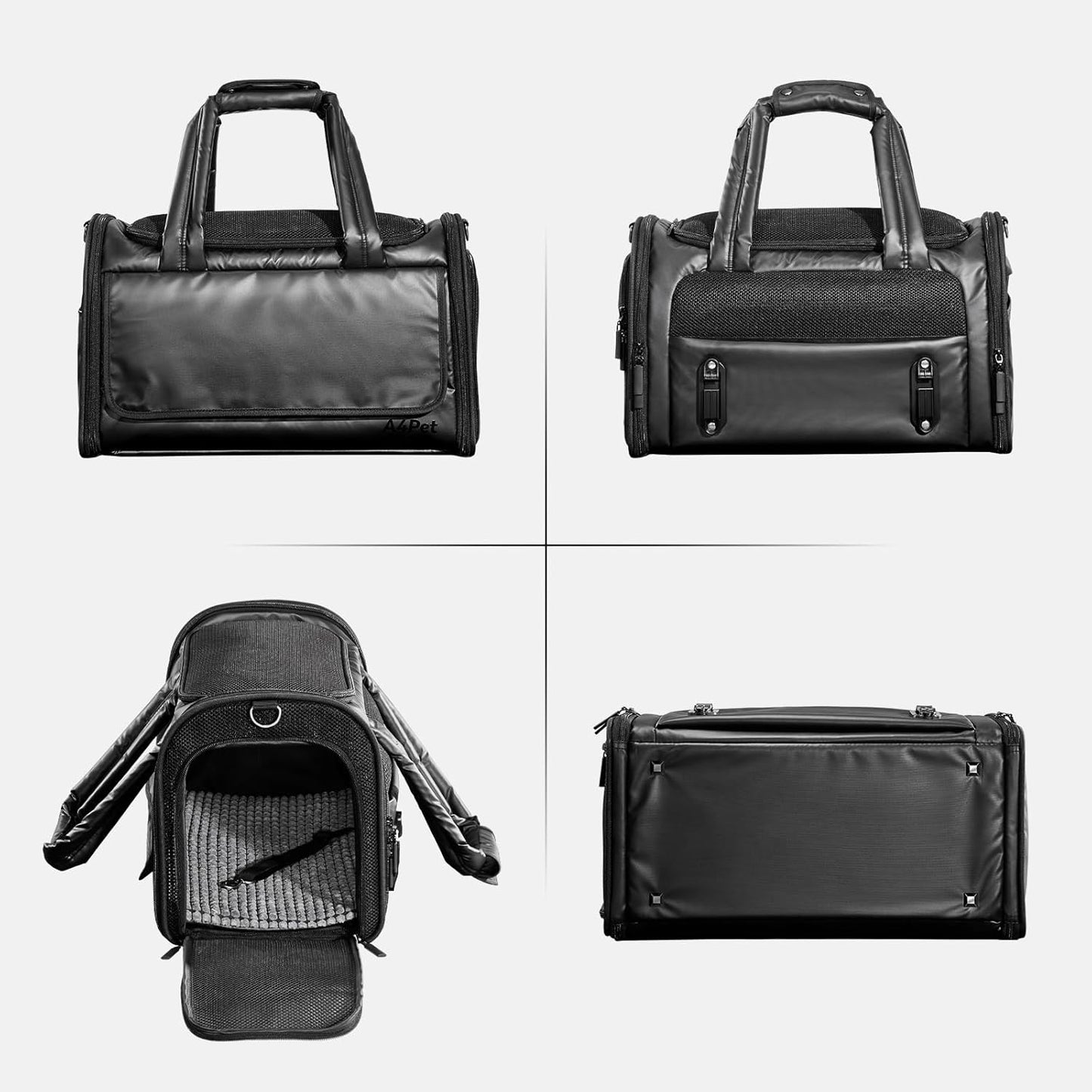 Luxury Pet Carrier, Puppy Small Dog Carrier Airline Approved, Cat Carrier Bag with Safety Buckles,Lightweight Waterproof Leather Handbag for Cabin Travel Shopping，Black