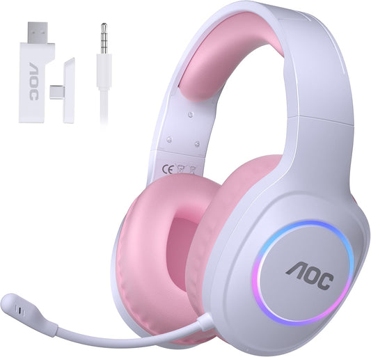 AOC Wireless Gaming Headset for PC, PS5, Switch, Bluetooth 5.4 & 2.4GHz Gaming Headset with Noise Canceling Mic, RGB, Type-C, 20ms Latency, 45H, 7.1 Virtual Surround- Pink