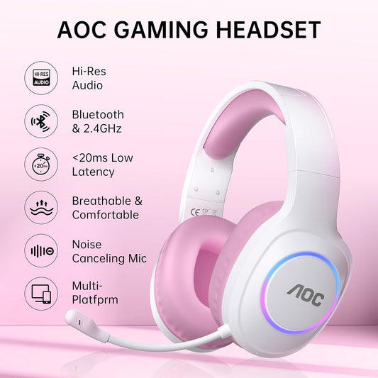 AOC Wireless Gaming Headset for PC, PS5, Switch, Bluetooth 5.4 & 2.4GHz Gaming Headset with Noise Canceling Mic, RGB, Type-C, 20ms Latency, 45H, 7.1 Virtual Surround- Pink