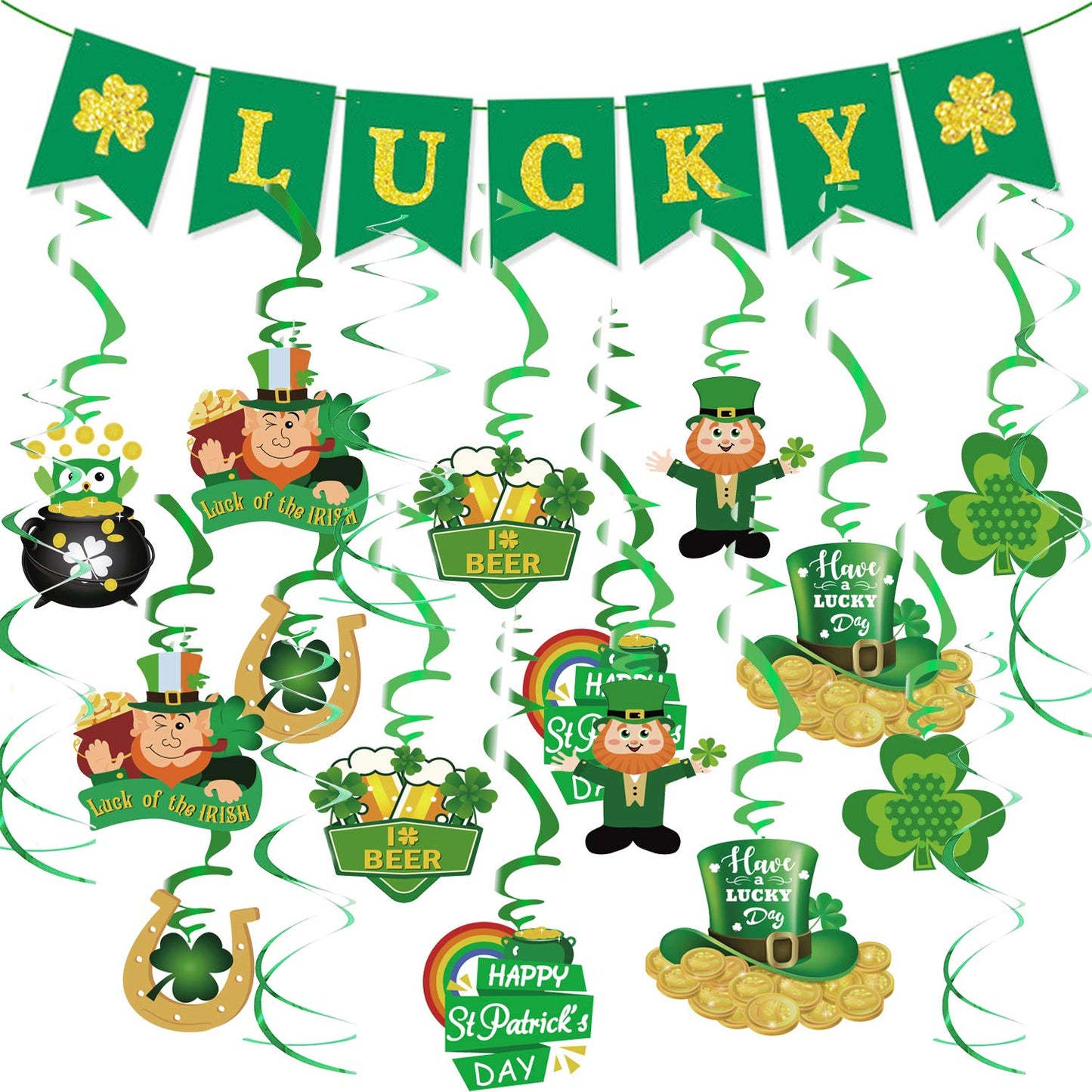 31PCS St Patricks Day Hanging Swirl Decorations, Green 'Lucky' Banner and Leprechaun Foil Swirl, Hanging Garland Swirl Shamrock Decorations for Irish Ceiling Window Wall Decorations
