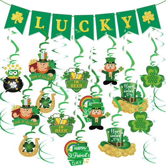 31PCS St Patricks Day Hanging Swirl Decorations, Green 'Lucky' Banner and Leprechaun Foil Swirl, Hanging Garland Swirl Shamrock Decorations for Irish Ceiling Window Wall Decorations