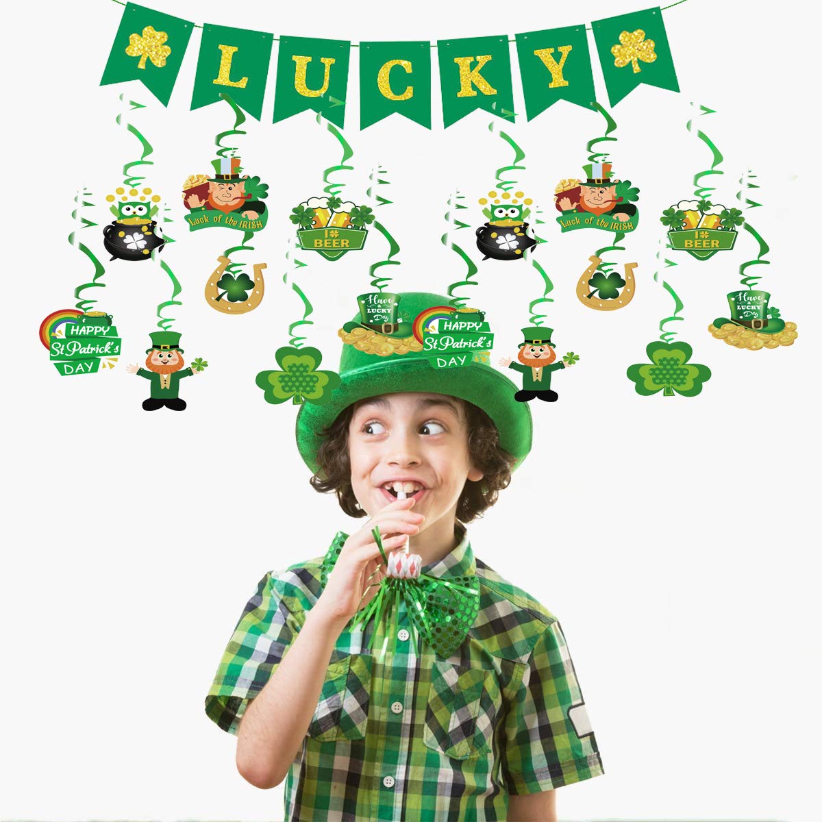 31PCS St Patricks Day Hanging Swirl Decorations, Green 'Lucky' Banner and Leprechaun Foil Swirl, Hanging Garland Swirl Shamrock Decorations for Irish Ceiling Window Wall Decorations