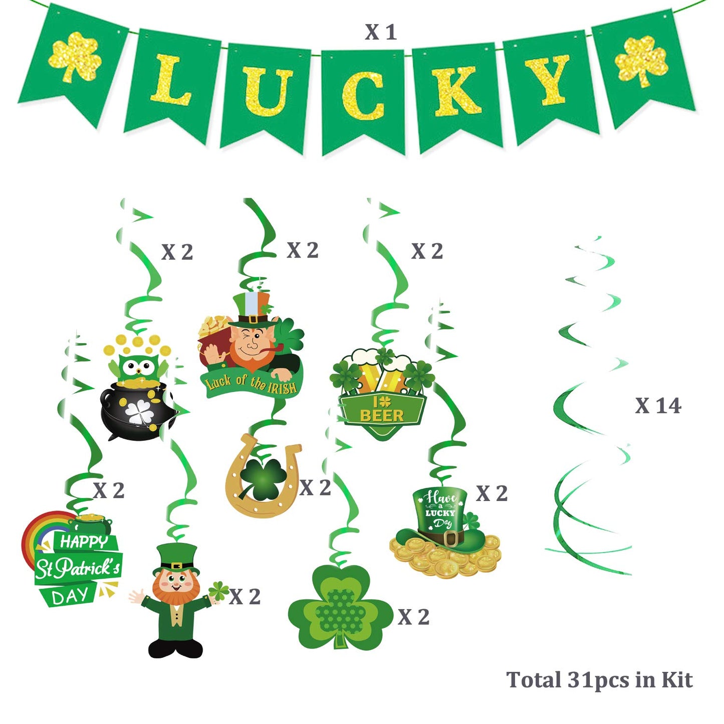 31PCS St Patricks Day Hanging Swirl Decorations, Green 'Lucky' Banner and Leprechaun Foil Swirl, Hanging Garland Swirl Shamrock Decorations for Irish Ceiling Window Wall Decorations