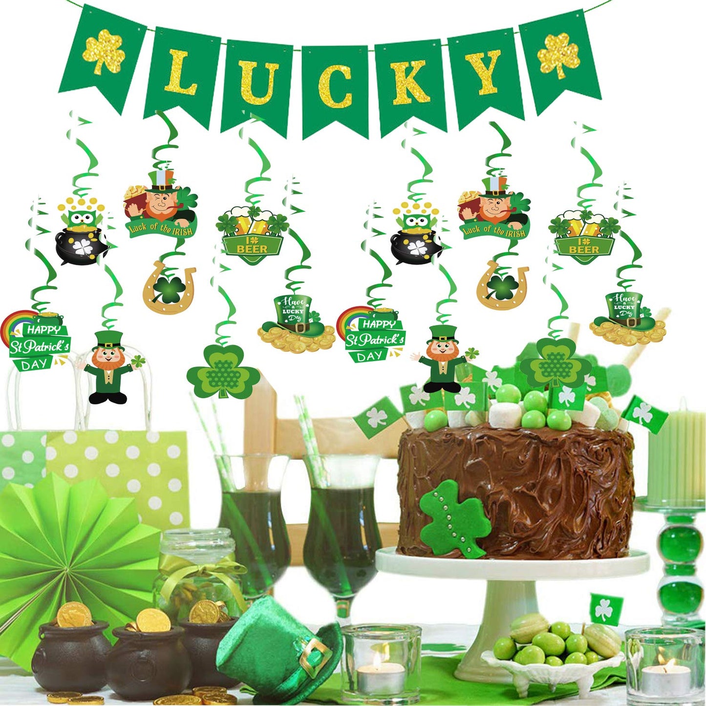 31PCS St Patricks Day Hanging Swirl Decorations, Green 'Lucky' Banner and Leprechaun Foil Swirl, Hanging Garland Swirl Shamrock Decorations for Irish Ceiling Window Wall Decorations
