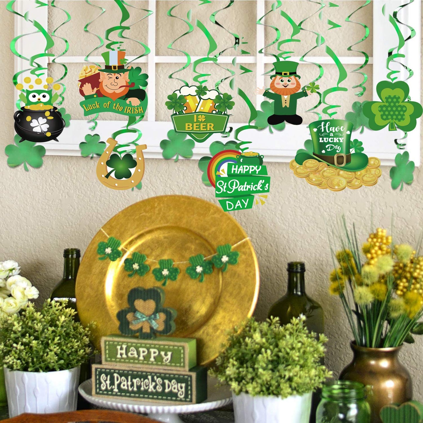 31PCS St Patricks Day Hanging Swirl Decorations, Green 'Lucky' Banner and Leprechaun Foil Swirl, Hanging Garland Swirl Shamrock Decorations for Irish Ceiling Window Wall Decorations