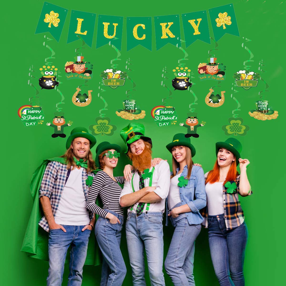 31PCS St Patricks Day Hanging Swirl Decorations, Green 'Lucky' Banner and Leprechaun Foil Swirl, Hanging Garland Swirl Shamrock Decorations for Irish Ceiling Window Wall Decorations