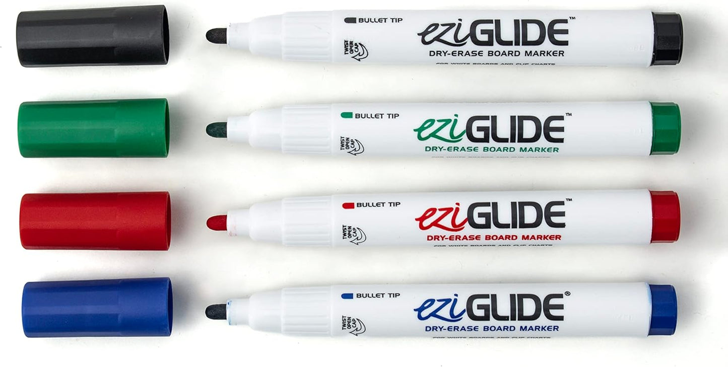 Assorted Bullet Tip Drywipe Whiteboard Pens, Pack of 4 Assorted Colour Markers, No Residue Ink, Hard-wearing Fibre Medium Bullet Tip Dry Wipe Pen, Black, Red, Blue and Green