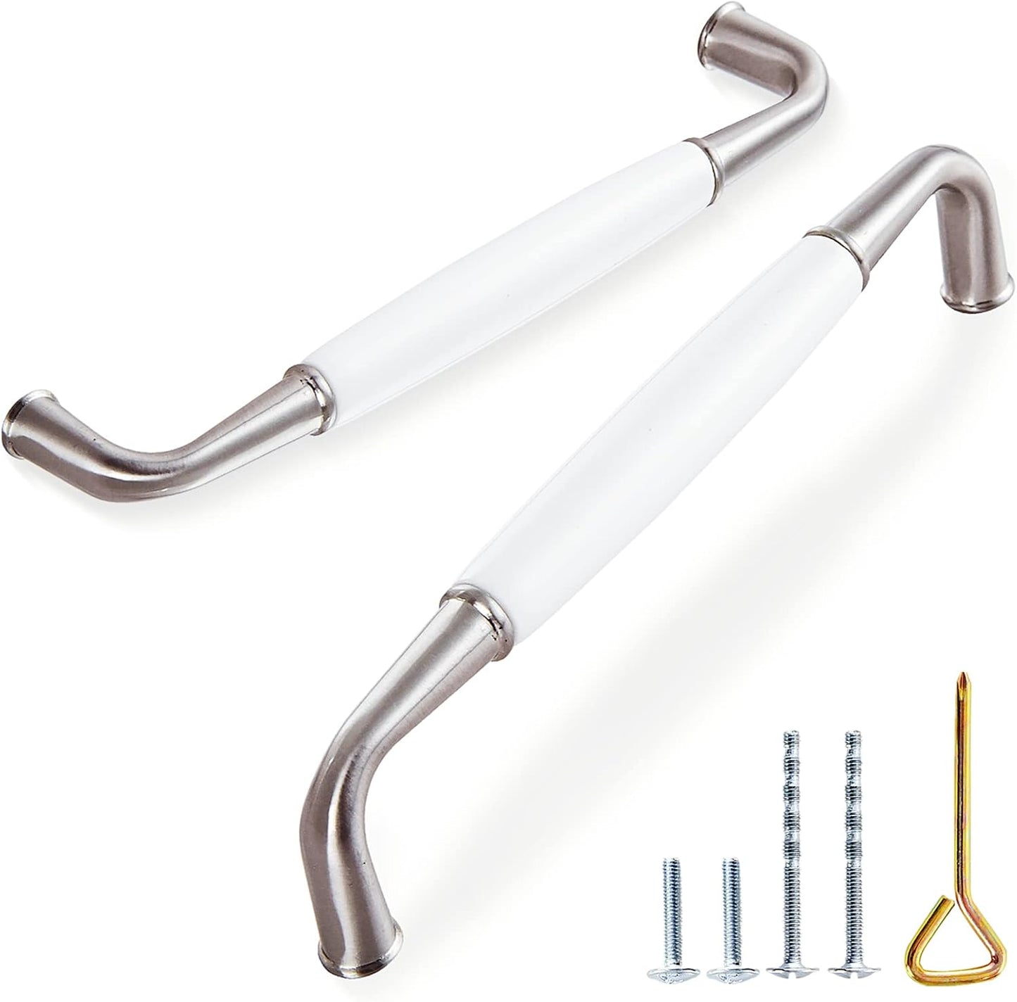 10 Pack Ceramic Cabinet Handles,Solid Zinc Alloy Wardrobe Door Handle, Elegant Arched Drawer Handle/Hole Center 5''(128mm) Total Length:5.43 inch(138mm) (White Ceramic+Satin Nickel)