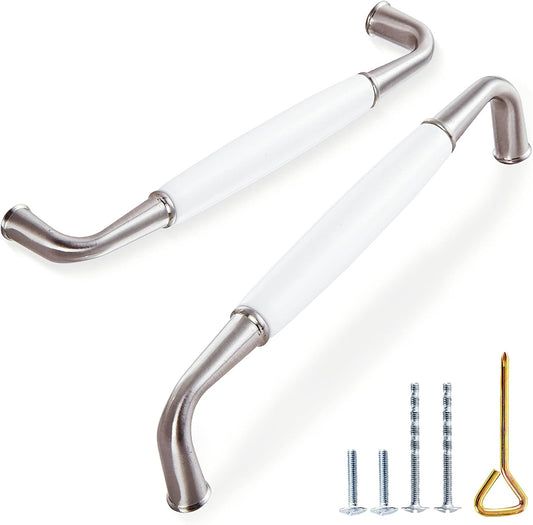 10 Pack Ceramic Cabinet Handles,Solid Zinc Alloy Wardrobe Door Handle, Elegant Arched Drawer Handle/Hole Center 5''(128mm) Total Length:5.43 inch(138mm) (White Ceramic+Satin Nickel)