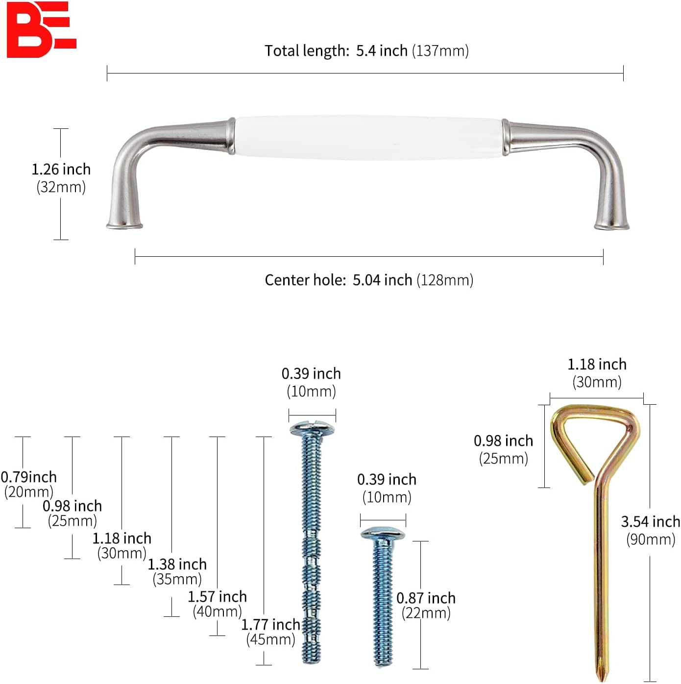 10 Pack Ceramic Cabinet Handles,Solid Zinc Alloy Wardrobe Door Handle, Elegant Arched Drawer Handle/Hole Center 5''(128mm) Total Length:5.43 inch(138mm) (White Ceramic+Satin Nickel)