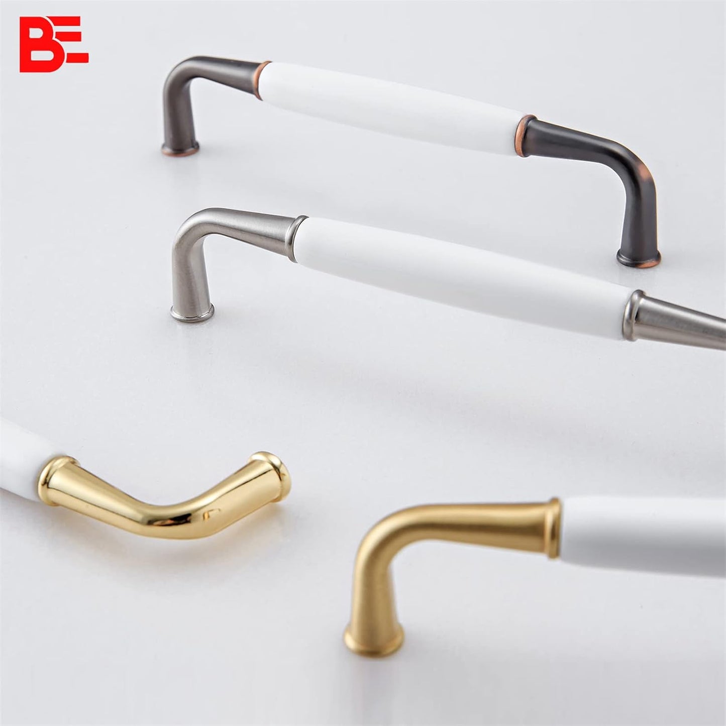 10 Pack Ceramic Cabinet Handles,Solid Zinc Alloy Wardrobe Door Handle, Elegant Arched Drawer Handle/Hole Center 5''(128mm) Total Length:5.43 inch(138mm) (White Ceramic+Satin Nickel)