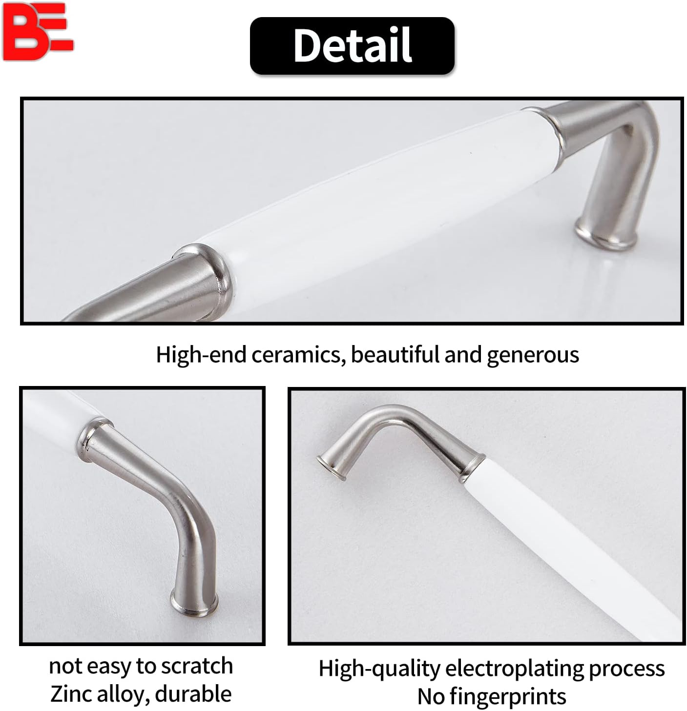 10 Pack Ceramic Cabinet Handles,Solid Zinc Alloy Wardrobe Door Handle, Elegant Arched Drawer Handle/Hole Center 5''(128mm) Total Length:5.43 inch(138mm) (White Ceramic+Satin Nickel)