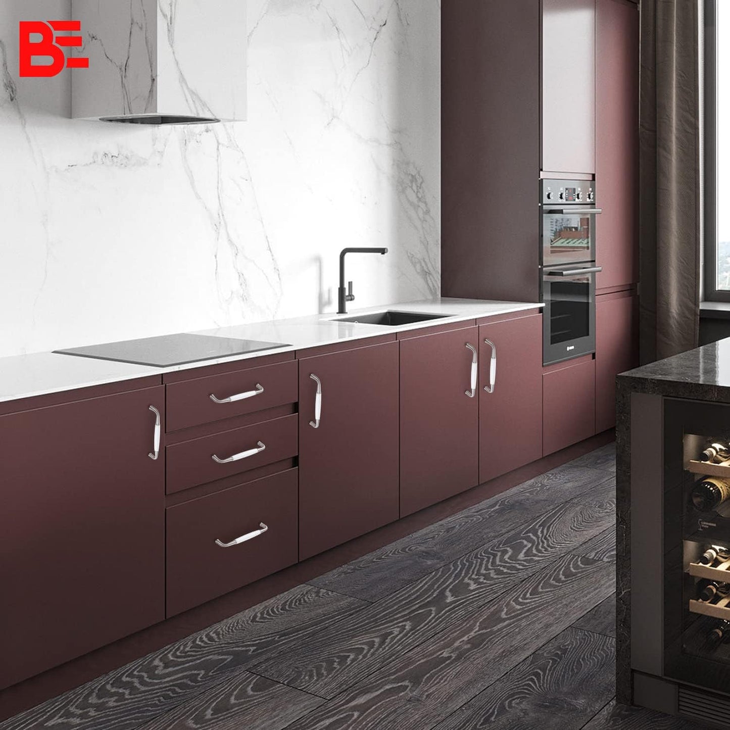 10 Pack Ceramic Cabinet Handles,Solid Zinc Alloy Wardrobe Door Handle, Elegant Arched Drawer Handle/Hole Center 5''(128mm) Total Length:5.43 inch(138mm) (White Ceramic+Satin Nickel)