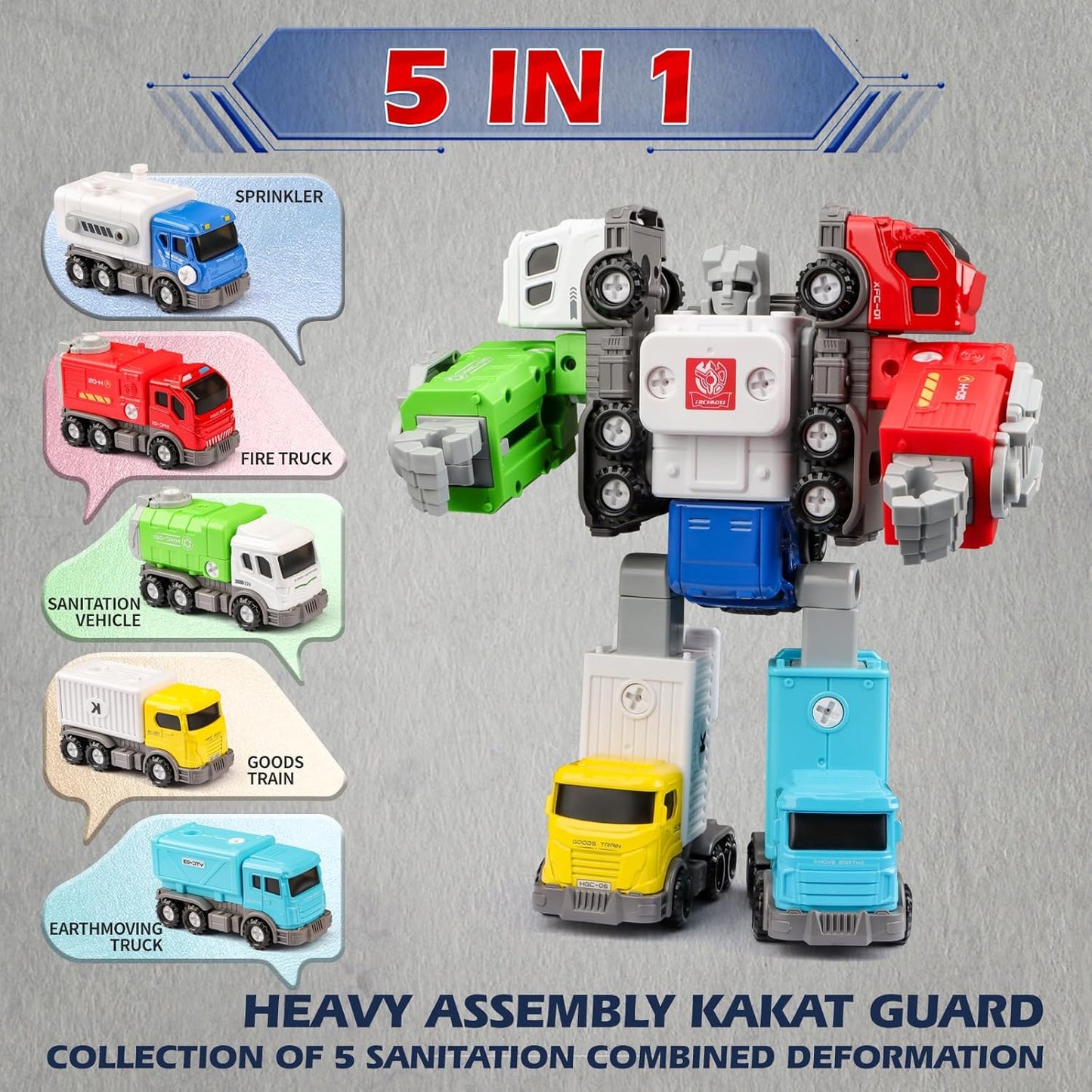 5 in 1 Transformer Robot Alloy Armor Series Includes 5 Garbage Disposal Vehicles with Assembly Screws Suitable for Children Over 3 Years Old