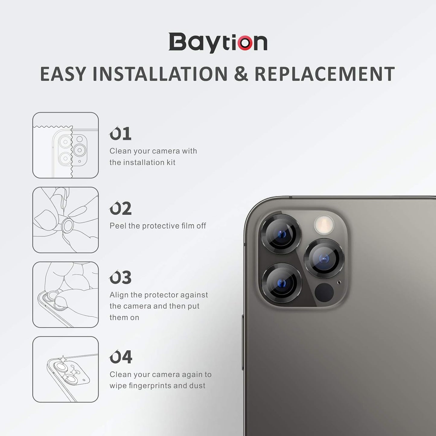 Baytion for iPhone 12 Pro (6.1 inch) Camera Lens Protector, Premium HD Tempered Glass Aluminum Alloy Lens Screen Stiker Cover Film [9H Hardness] [Scratch Resistance]- Graphite