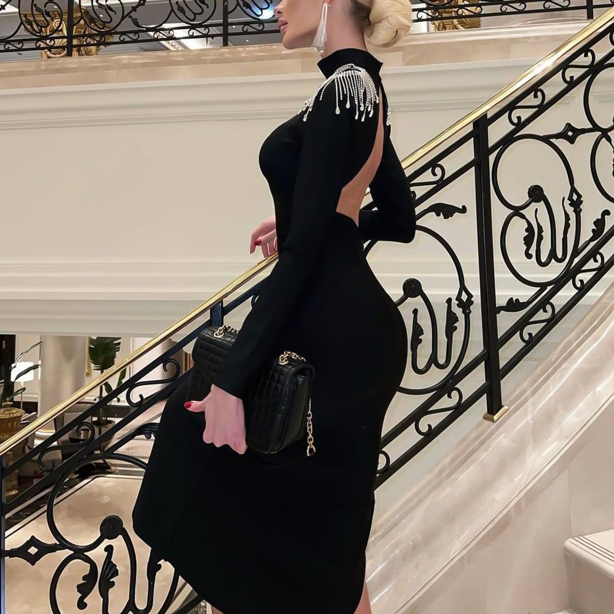 Black Dress for Women - Long Bodycon High Split Maxi Dress - Fancy Women's Black Cocktail Dress for Wedding Guest - Elegant Dresses for Women UK Party Wear XL