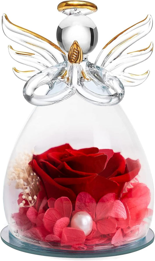 Valentines Gifts for Her | Birthday Gifts For Women Her | Gifts for Mum Grandma | Preserved Real Rose Flower in Glass Angel for Mother's Day Woman's Day Valentine's Day