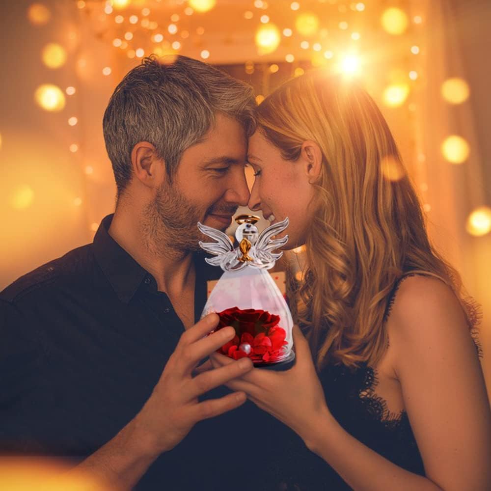 Valentines Gifts for Her | Birthday Gifts For Women Her | Gifts for Mum Grandma | Preserved Real Rose Flower in Glass Angel for Mother's Day Woman's Day Valentine's Day
