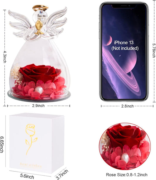 Valentines Gifts for Her | Birthday Gifts For Women Her | Gifts for Mum Grandma | Preserved Real Rose Flower in Glass Angel for Mother's Day Woman's Day Valentine's Day