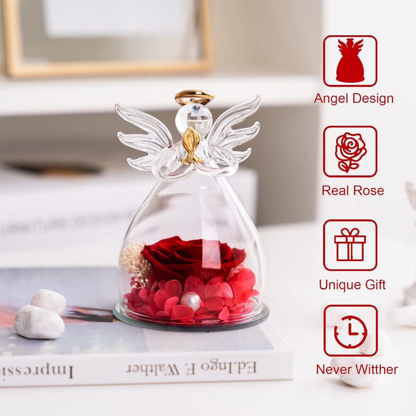 Valentines Gifts for Her | Birthday Gifts For Women Her | Gifts for Mum Grandma | Preserved Real Rose Flower in Glass Angel for Mother's Day Woman's Day Valentine's Day