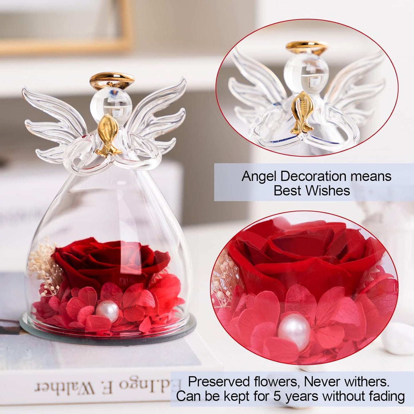 Valentines Gifts for Her | Birthday Gifts For Women Her | Gifts for Mum Grandma | Preserved Real Rose Flower in Glass Angel for Mother's Day Woman's Day Valentine's Day