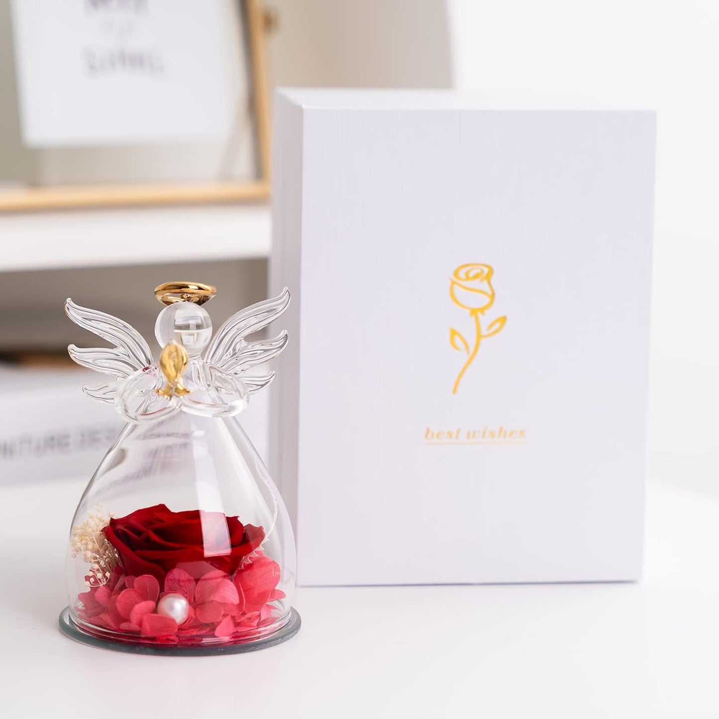 Valentines Gifts for Her | Birthday Gifts For Women Her | Gifts for Mum Grandma | Preserved Real Rose Flower in Glass Angel for Mother's Day Woman's Day Valentine's Day