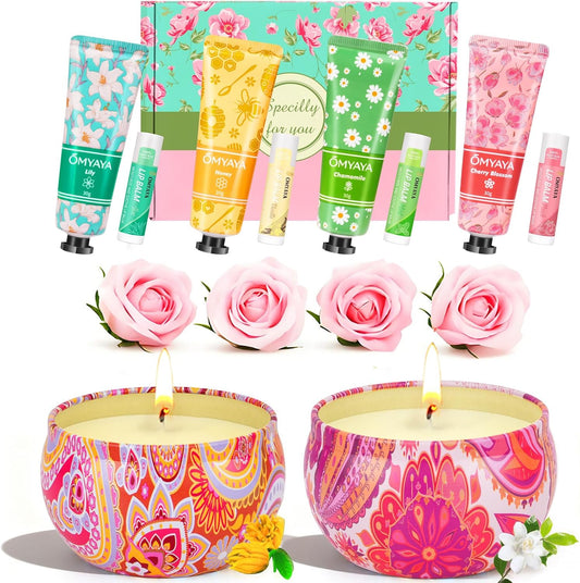 Candles Gift Set for Women | Hand Cream Gift Set | All-in-One Skincare & Aromatherapy Set, Elegant Gift Box for Christmas, Birthday, Mother’s Day (Hand Creams Lip Balms Soap Flowers Scented Candles)