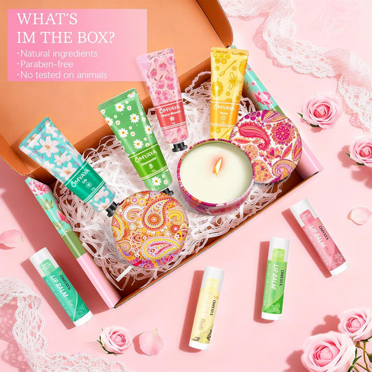 Candles Gift Set for Women | Hand Cream Gift Set | All-in-One Skincare & Aromatherapy Set, Elegant Gift Box for Christmas, Birthday, Mother’s Day (Hand Creams Lip Balms Soap Flowers Scented Candles)