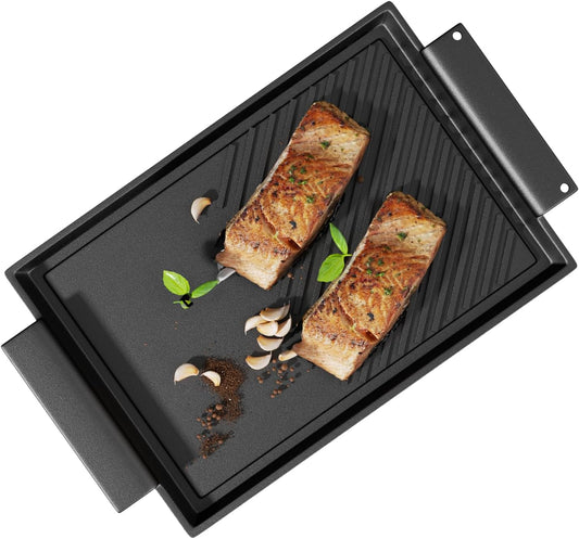 Cast Iron Griddle Pan, Non-Stick Double-Sided BBQ Griddle Grill Pan with Handles, Flat and Ridged Surfaces, Rectangular Grill for Gas Electric Induction Open Fire Oven, 37.7 x 20.9cm