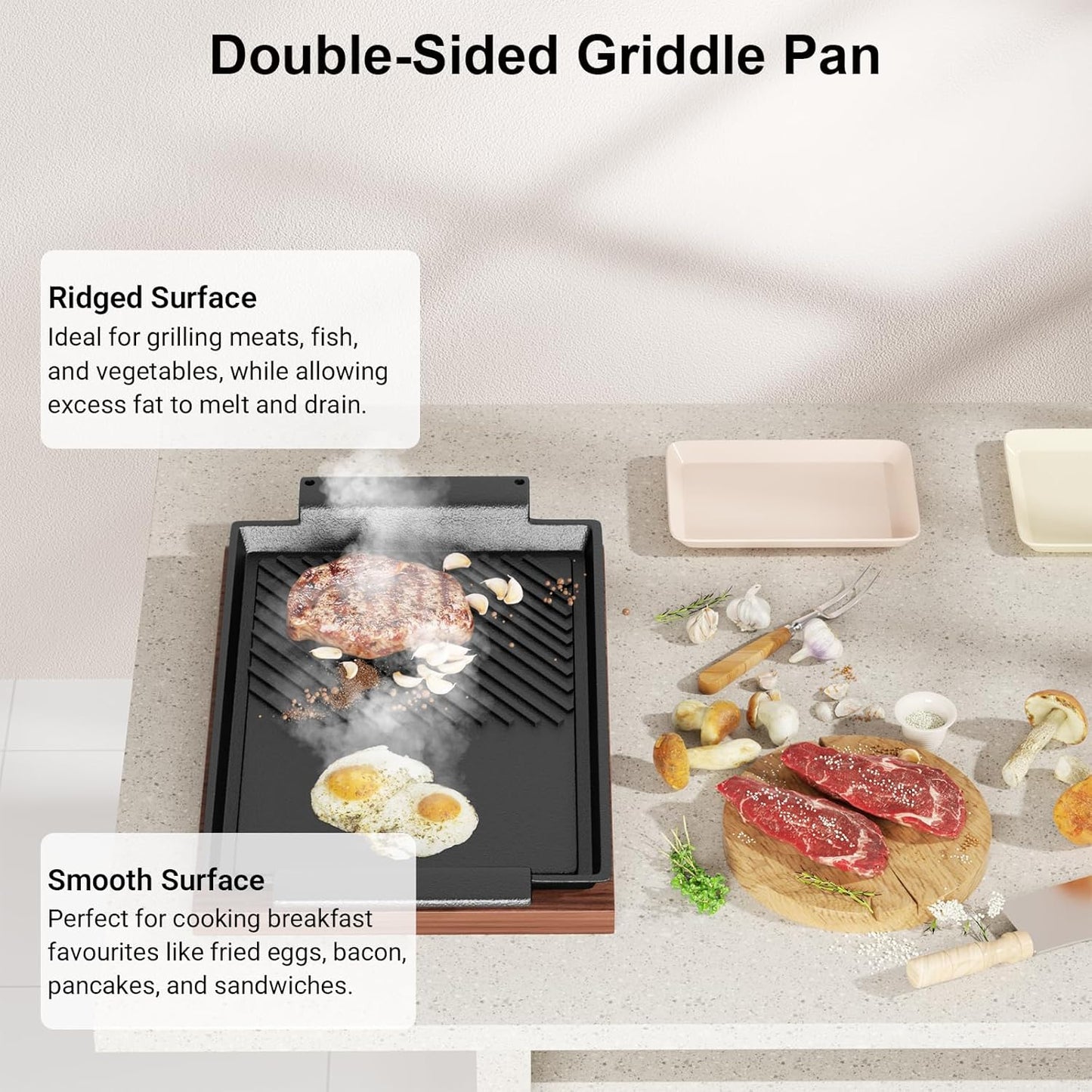 Cast Iron Griddle Pan, Non-Stick Double-Sided BBQ Griddle Grill Pan with Handles, Flat and Ridged Surfaces, Rectangular Grill for Gas Electric Induction Open Fire Oven, 37.7 x 20.9cm