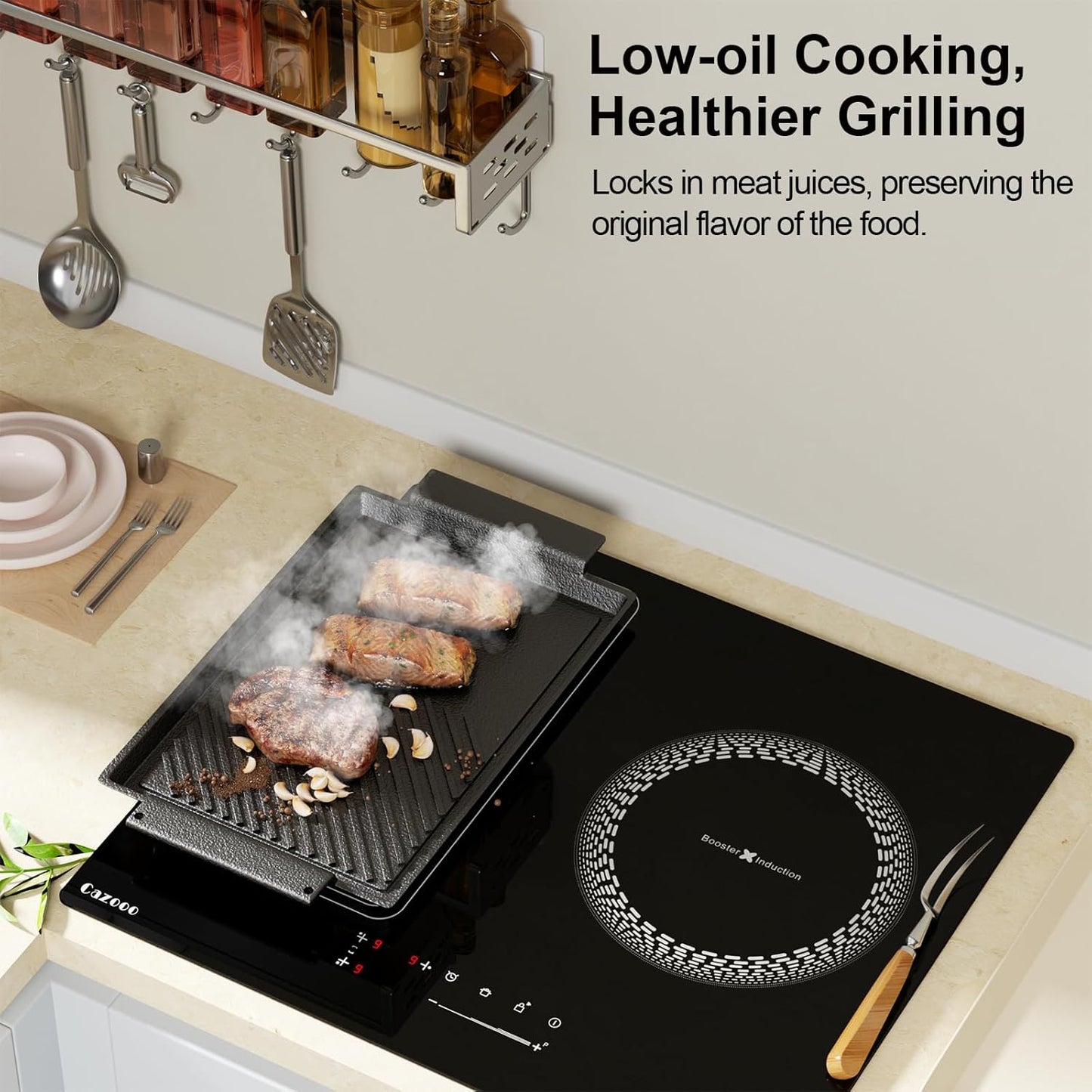 Cast Iron Griddle Pan, Non-Stick Double-Sided BBQ Griddle Grill Pan with Handles, Flat and Ridged Surfaces, Rectangular Grill for Gas Electric Induction Open Fire Oven, 37.7 x 20.9cm