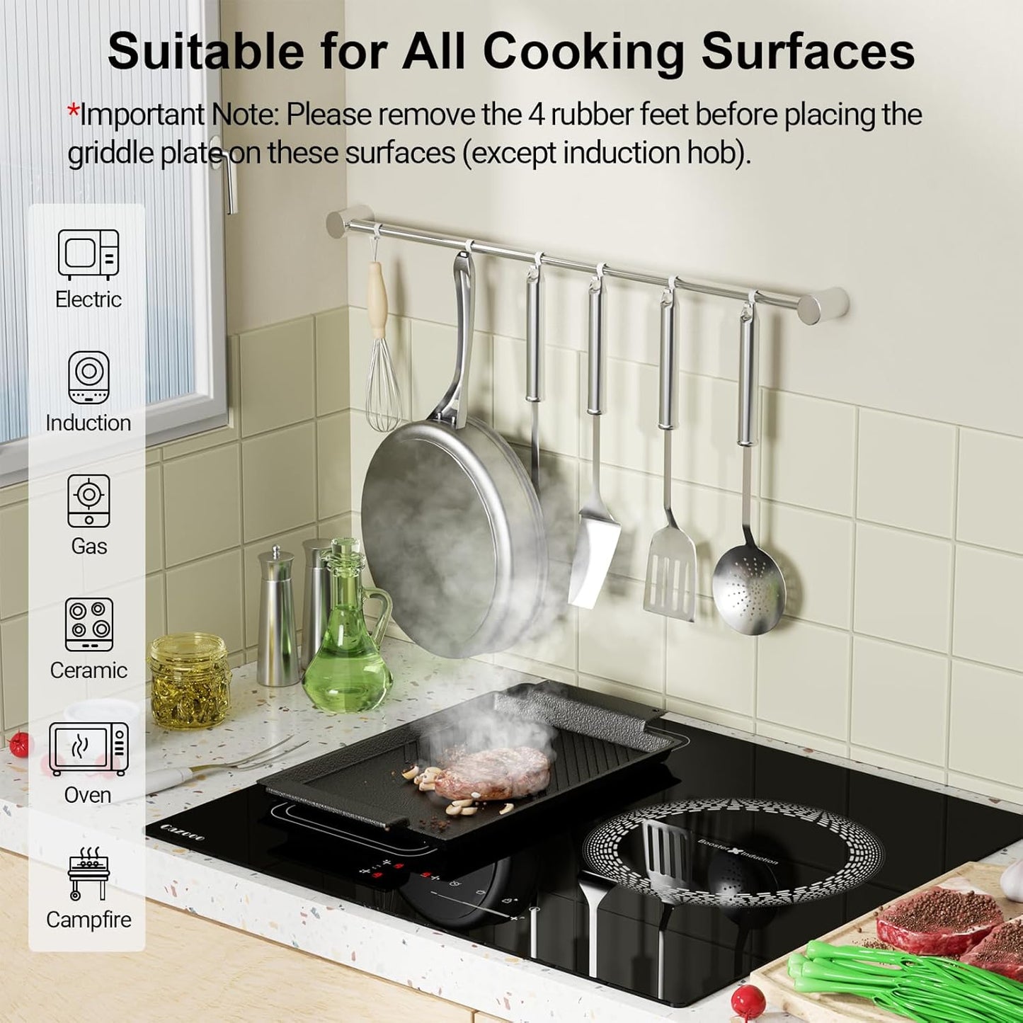 Cast Iron Griddle Pan, Non-Stick Double-Sided BBQ Griddle Grill Pan with Handles, Flat and Ridged Surfaces, Rectangular Grill for Gas Electric Induction Open Fire Oven, 37.7 x 20.9cm