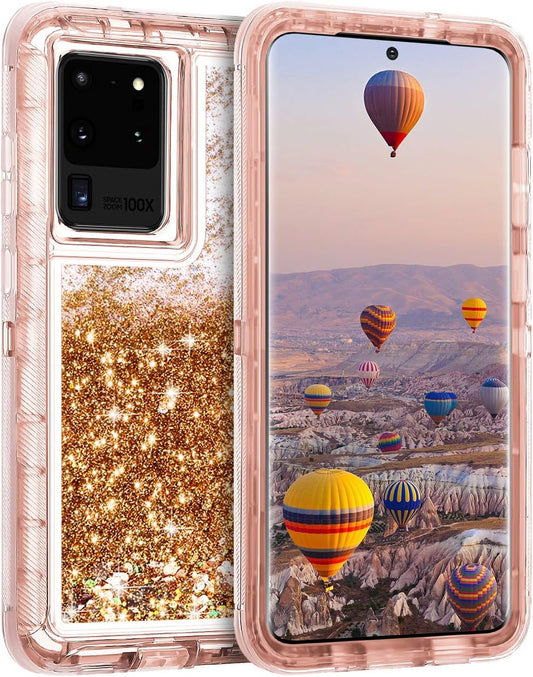 Coolden Case for Samsung S20 Ultra Case Glitter Heavy Duty Protective Case Floating Bling Sparkle Shiny Quicksand Liquid Shockproof Case Phone Case Cover for Samsung Galaxy S20 Ultra (Rose Gold)