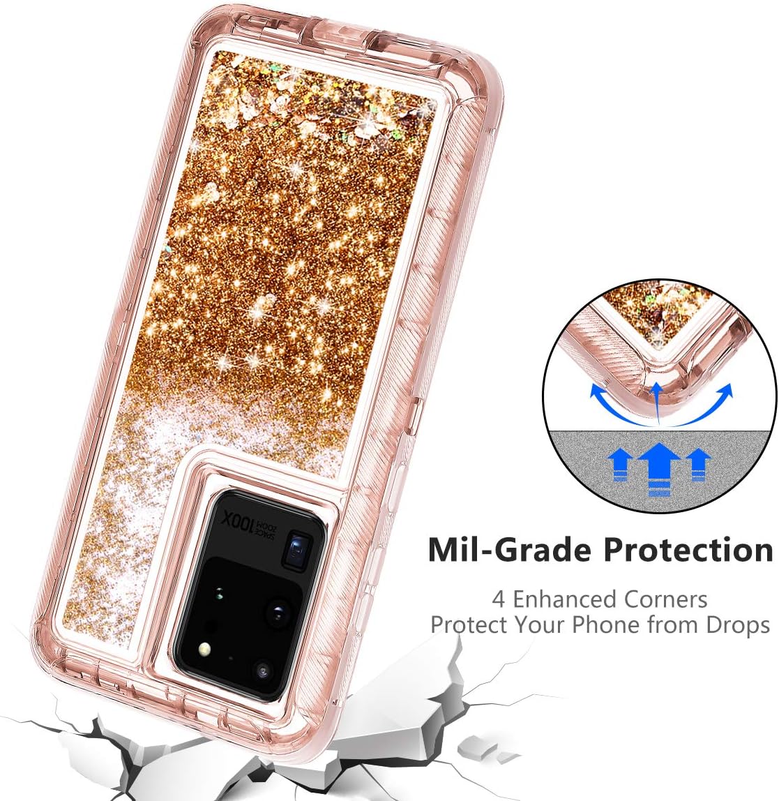 Coolden Case for Samsung S20 Ultra Case Glitter Heavy Duty Protective Case Floating Bling Sparkle Shiny Quicksand Liquid Shockproof Case Phone Case Cover for Samsung Galaxy S20 Ultra (Rose Gold)