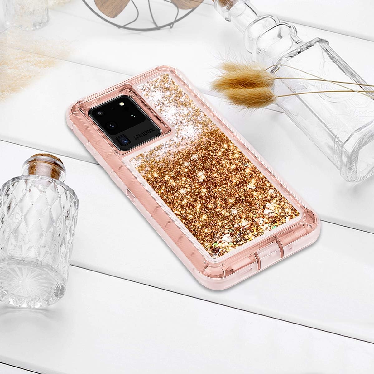 Coolden Case for Samsung S20 Ultra Case Glitter Heavy Duty Protective Case Floating Bling Sparkle Shiny Quicksand Liquid Shockproof Case Phone Case Cover for Samsung Galaxy S20 Ultra (Rose Gold)