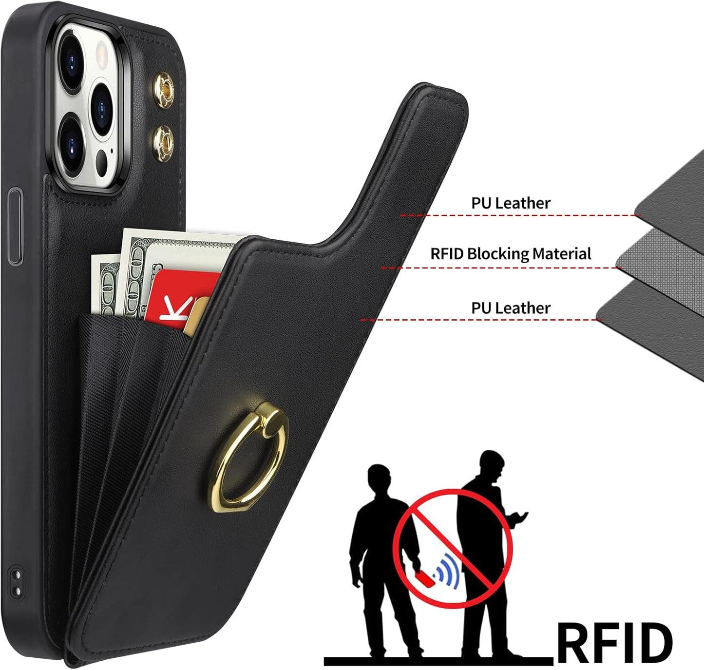 Coolden for iPhone 14 Pro Max Case Wallet Case with Card Holder Ring Holder PU Leather Flip Card Slot Shockproof Case RFID Blocking TPU Bumper Protective Phone Case Cover for iPhone 14 Pro Max-Black