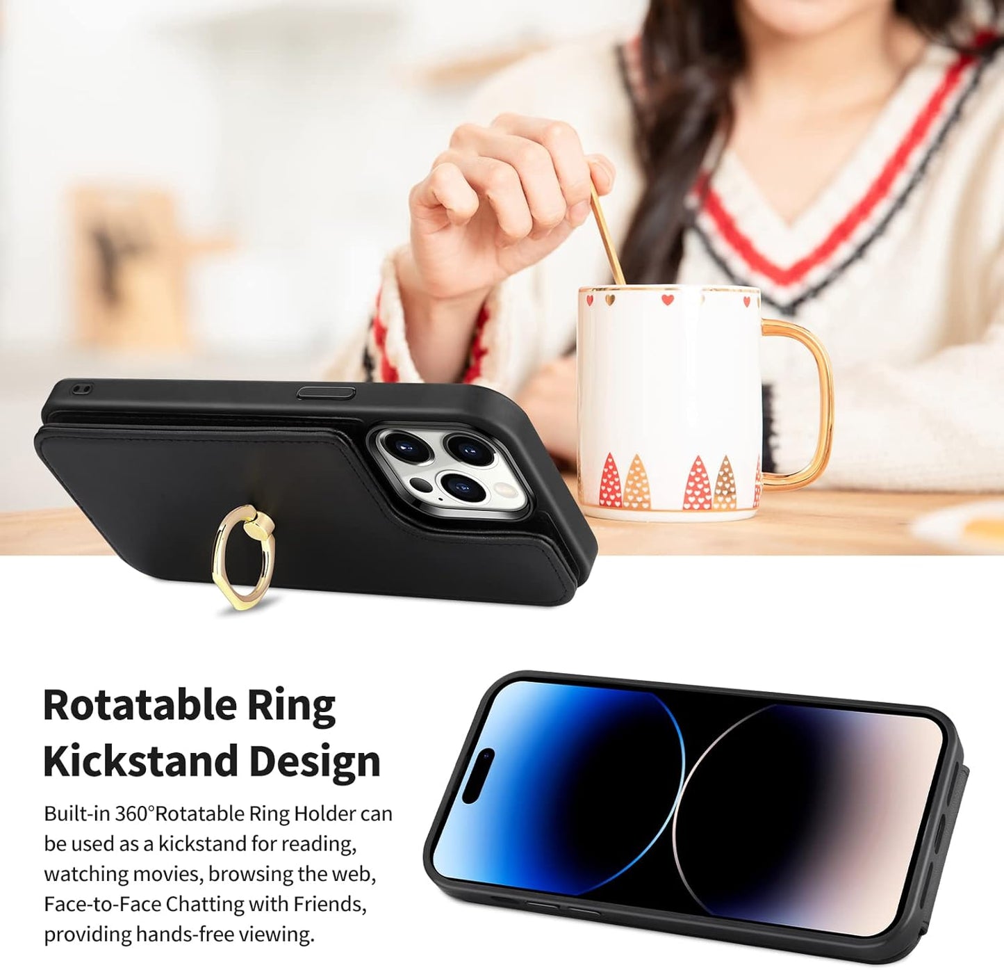 Coolden for iPhone 14 Pro Max Case Wallet Case with Card Holder Ring Holder PU Leather Flip Card Slot Shockproof Case RFID Blocking TPU Bumper Protective Phone Case Cover for iPhone 14 Pro Max-Black