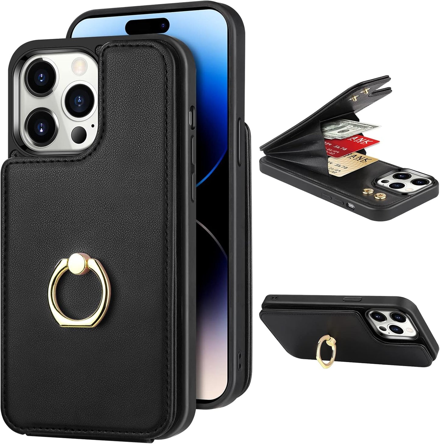 Coolden for iPhone 14 Pro Max Case Wallet Case with Card Holder Ring Holder PU Leather Flip Card Slot Shockproof Case RFID Blocking TPU Bumper Protective Phone Case Cover for iPhone 14 Pro Max-Black