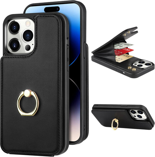 Coolden for iPhone 14 Pro Max Case Wallet Case with Card Holder Ring Holder PU Leather Flip Card Slot Shockproof Case RFID Blocking TPU Bumper Protective Phone Case Cover for iPhone 14 Pro Max-Black