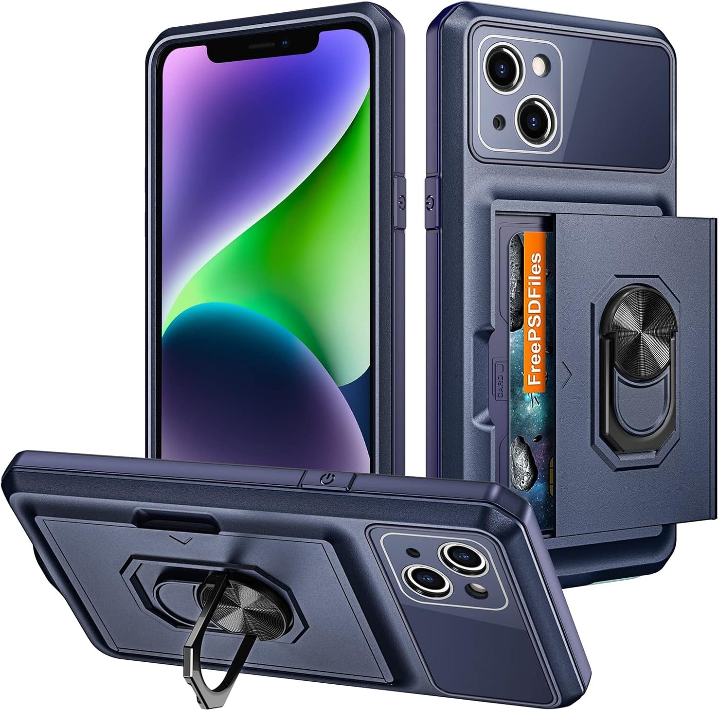 Coolden for iPhone 14 Case Wallet Case with Card Holder Slot iPhone 14 Cases with Ring Kickstand Armor Military Grade Shockproof Case Heavy Duty Protective Case Cover for iPhone 14 Phone Case (Navy)