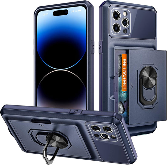 Coolden for iPhone 14 Pro Max Case Wallet Case with Card Holder Slot Ring Kickstand Armor Military Grade Shockproof Case Heavy Duty Protective Case Cover for iPhone 14 Pro Max Phone Case-Navy